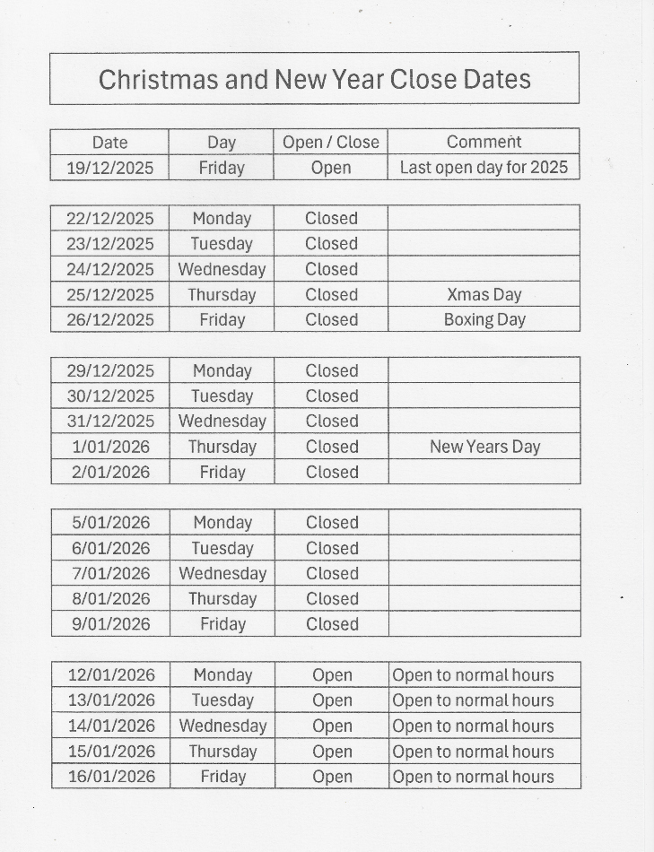 Christmas and New Year Close Dates